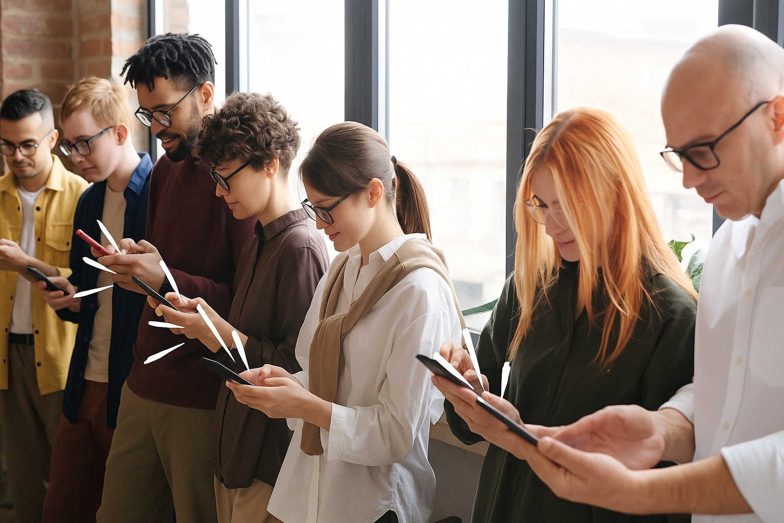 Multicultural group of people using smartphones, illustrating seamless mobile connectivity through carrier offloading