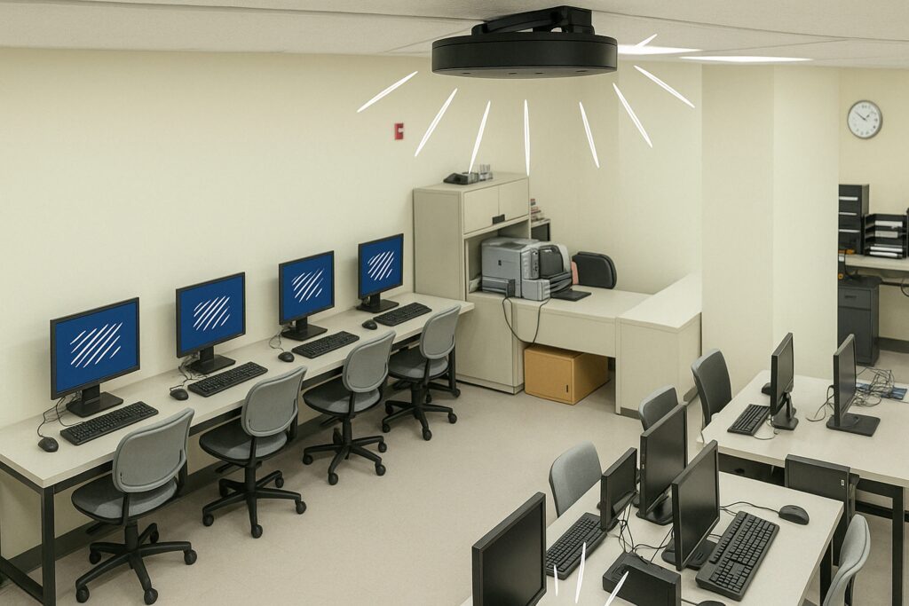 LongFi Solutions Wi-Fi hotspot mounted on the ceiling, providing seamless connectivity to a student computer lab.