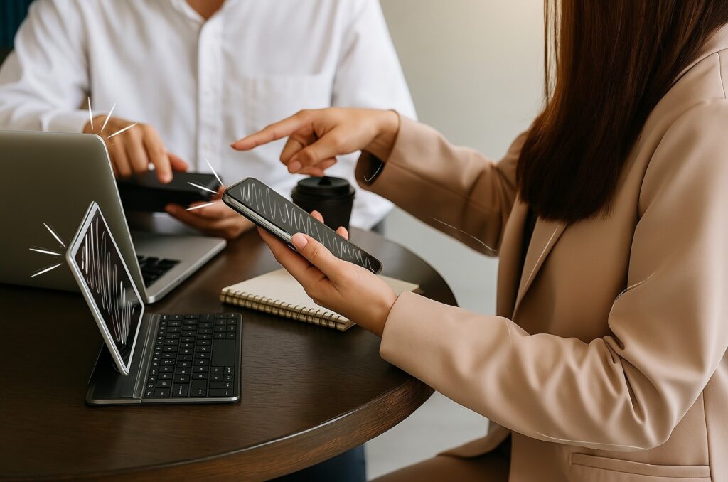 Two people using phones and a tablet, representing how LongFi Partners identify and refer Wi-Fi-ready venues