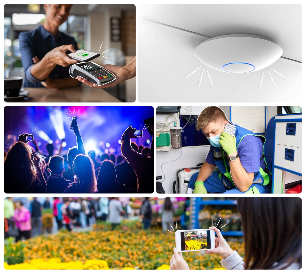 A collage showcasing seamless connectivity: mobile payments, live event sharing, emergency calls, and Wi-Fi hotspots.