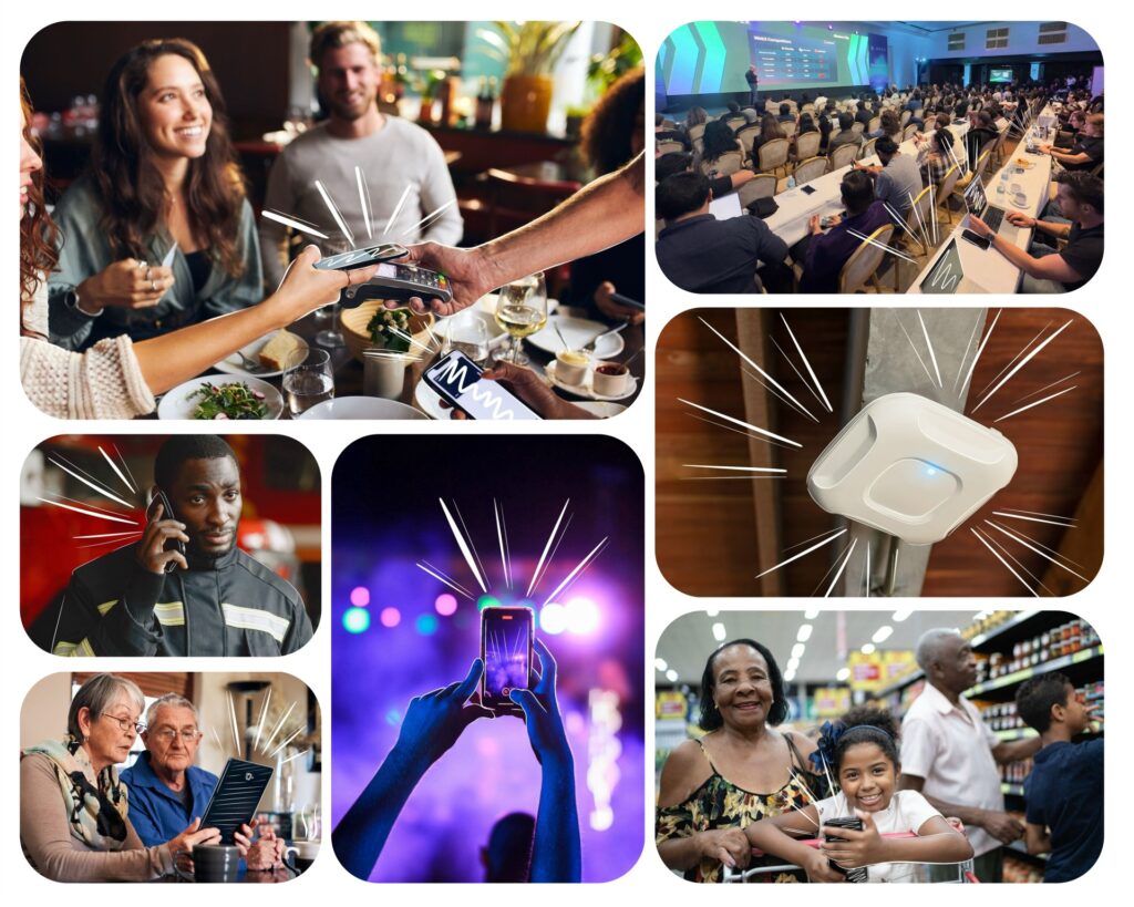 A collage showcasing seamless connectivity: mobile payments, live event sharing, emergency calls, and Wi-Fi hotspots.